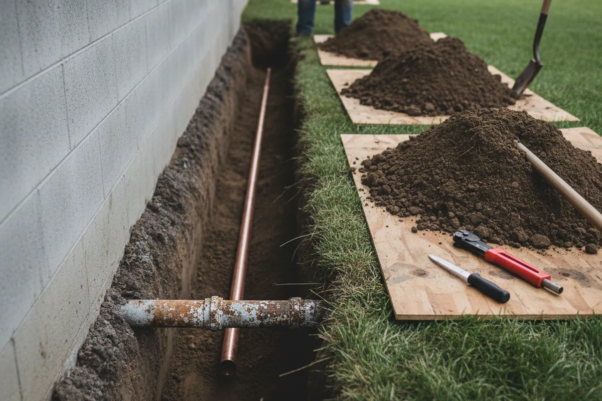 Excavated water line trench during Water Softener Installation in Carthage